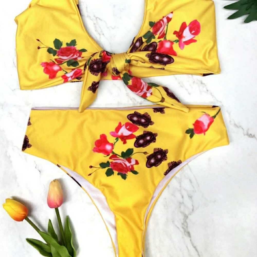 🔃Front Tie High Waist Floral 2 Piece Bikini Set - Picture 5 of 6